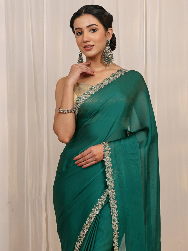 Green Embellished Satin Saree With Unstitched Blouse Piece