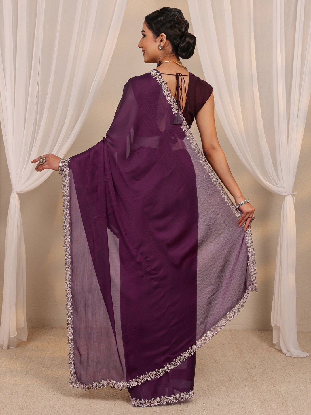 Wine Embellished Satin Saree With Unstitched Blouse Piece