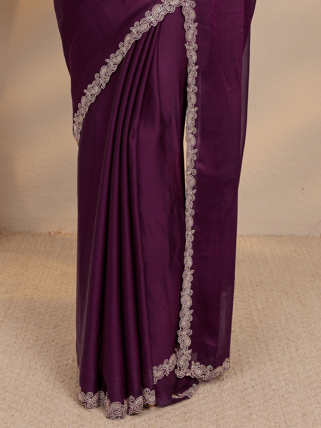 Wine Embellished Satin Saree With Unstitched Blouse Piece