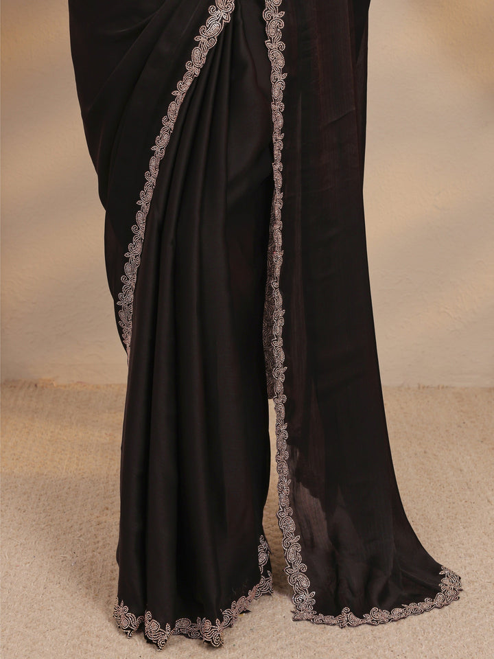 Black Embellished Satin Saree With Unstitched Blouse Piece