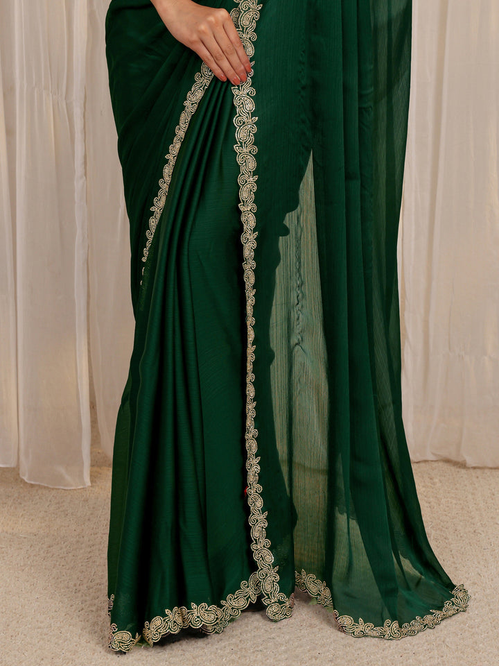 Green Embellished Satin Saree With Unstitched Blouse Piece