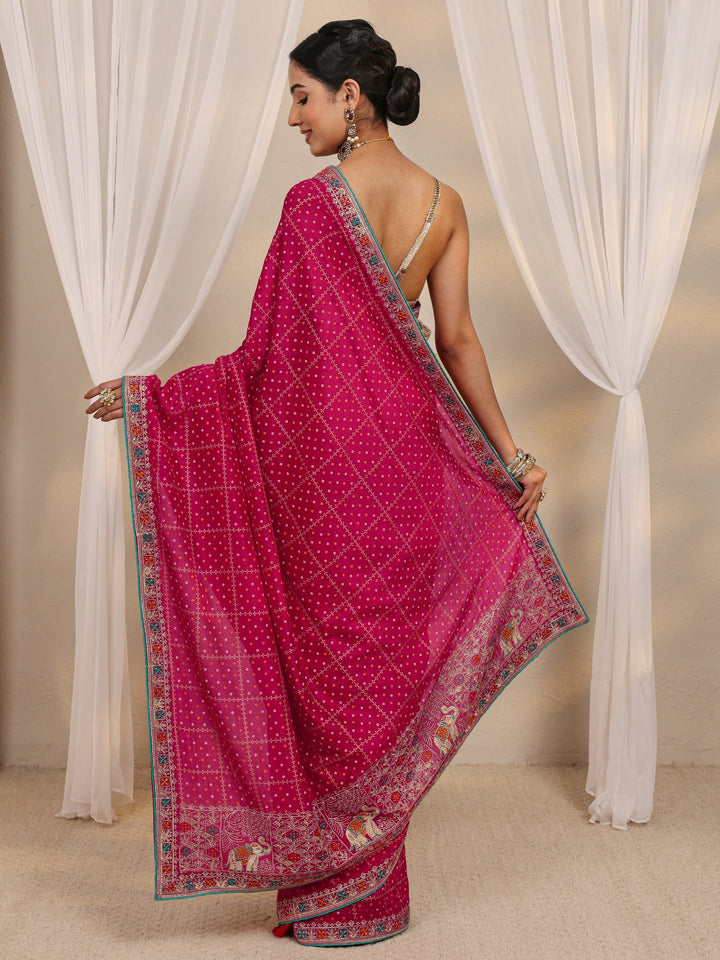 Pink Bandhani Printed Silk Blend Saree With Unstitched Blouse Piece