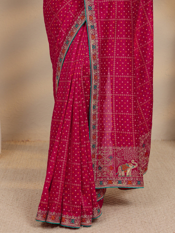 Pink Bandhani Printed Silk Blend Saree With Unstitched Blouse Piece