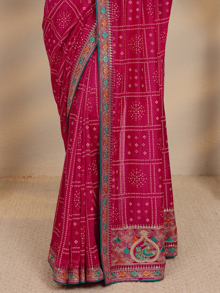 Pink Bandhani Printed Silk Blend Saree With Unstitched Blouse Piece