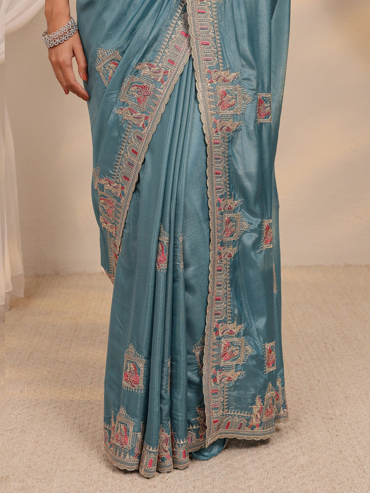 Libas Blue Ethnic Motif Embellished Satin Saree With Unstitched Blouse Piece