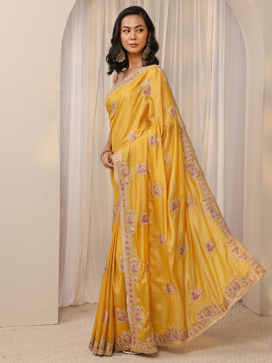 Mustard Ethnic Motif Embellished Satin Saree With Unstitched Blouse Piece