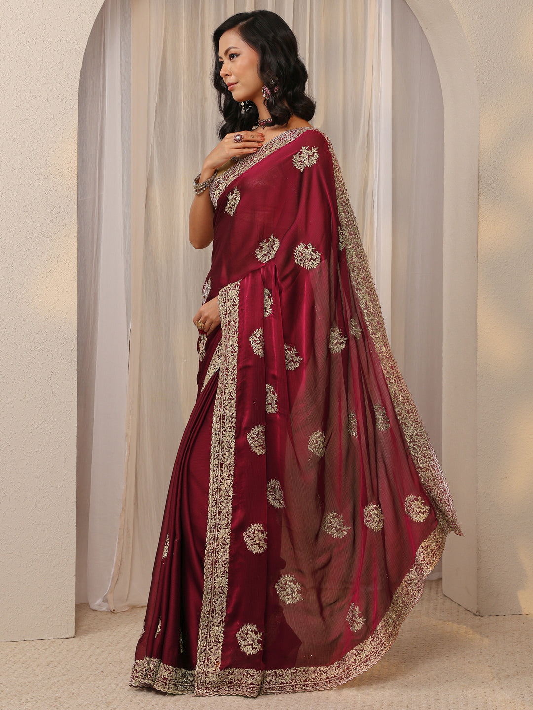 Maroon Floral Embellished Satin Saree With Unstitched Blouse Piece