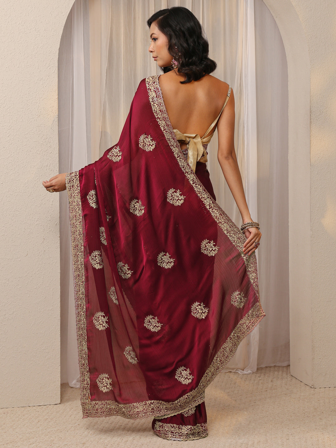 Maroon Floral Embellished Satin Saree With Unstitched Blouse Piece