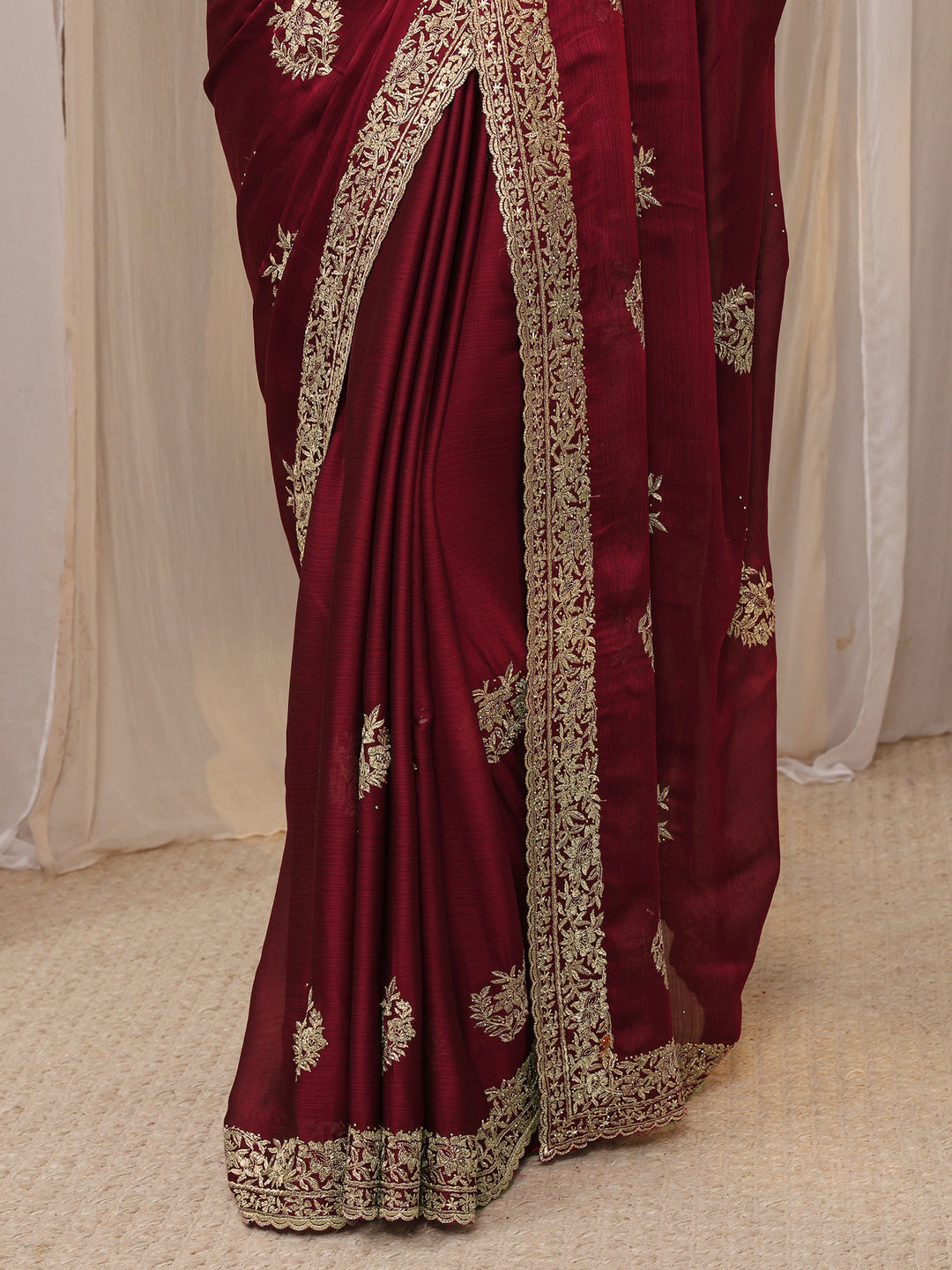 Maroon Floral Embellished Satin Saree With Unstitched Blouse Piece