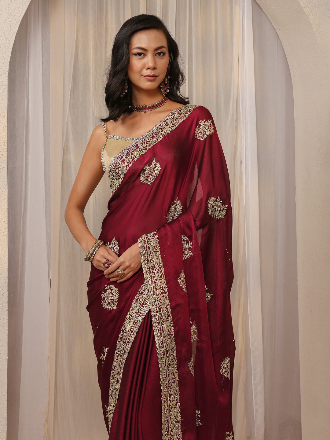 Maroon Floral Embellished Satin Saree With Unstitched Blouse Piece