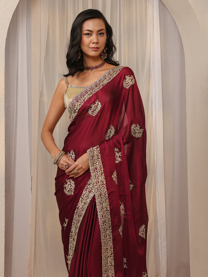 Maroon Floral Embellished Satin Saree With Unstitched Blouse Piece