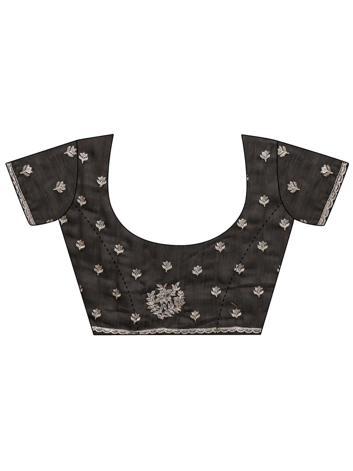 Black Floral Embellished Satin Saree With Unstitched Blouse Piece