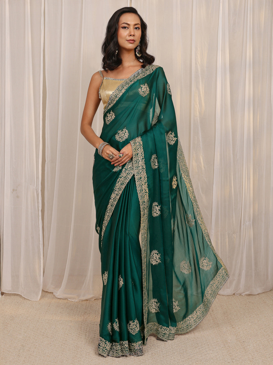 Green Floral Embellished Satin Saree With Unstitched Blouse Piece