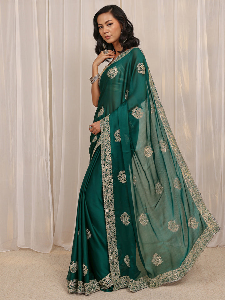 Green Floral Embellished Satin Saree With Unstitched Blouse Piece