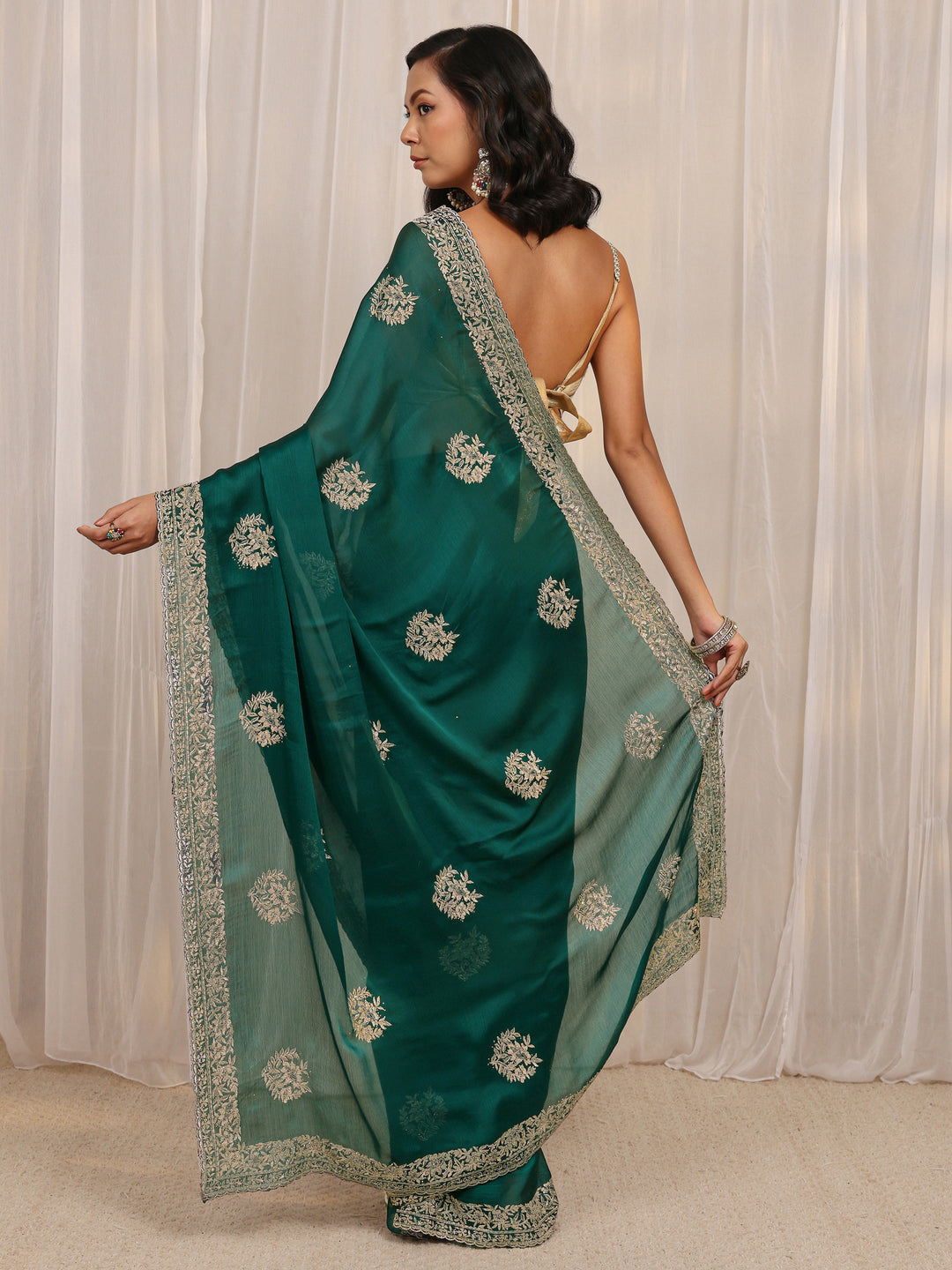Green Floral Embellished Satin Saree With Unstitched Blouse Piece