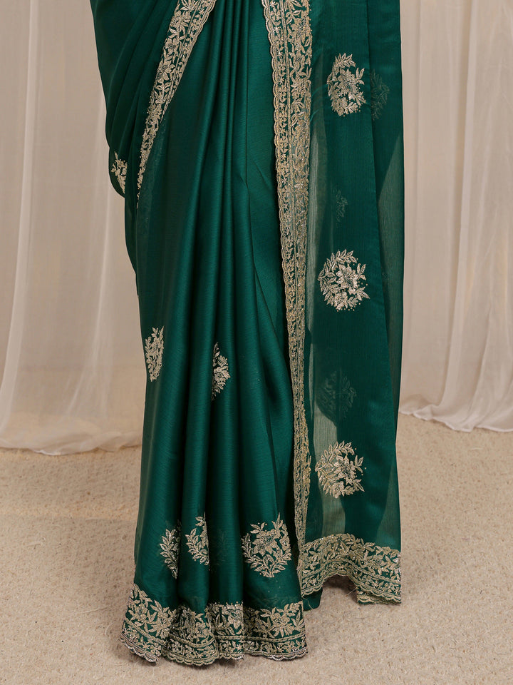 Green Floral Embellished Satin Saree With Unstitched Blouse Piece