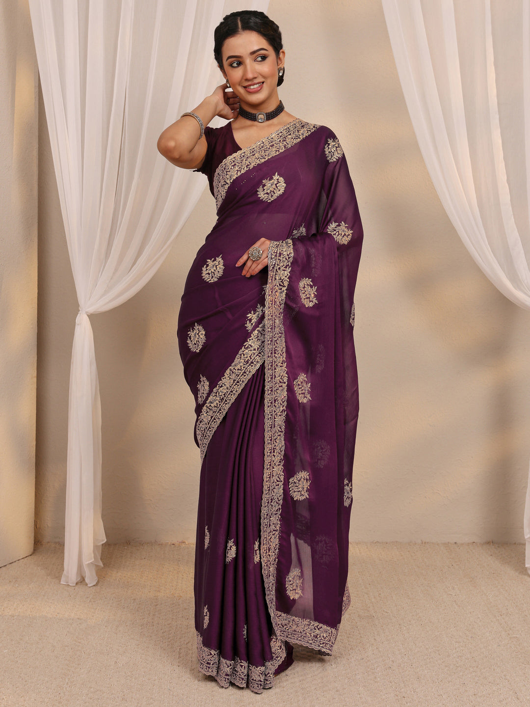 Wine Floral Embellished Satin Saree With Unstitched Blouse Piece
