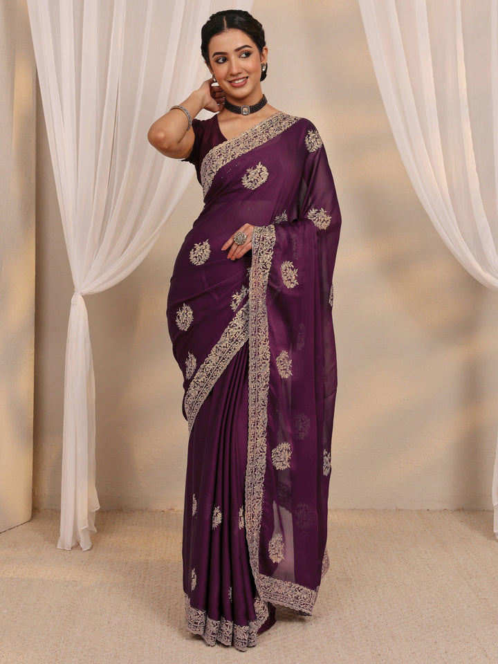 Wine Floral Embellished Satin Saree With Unstitched Blouse Piece
