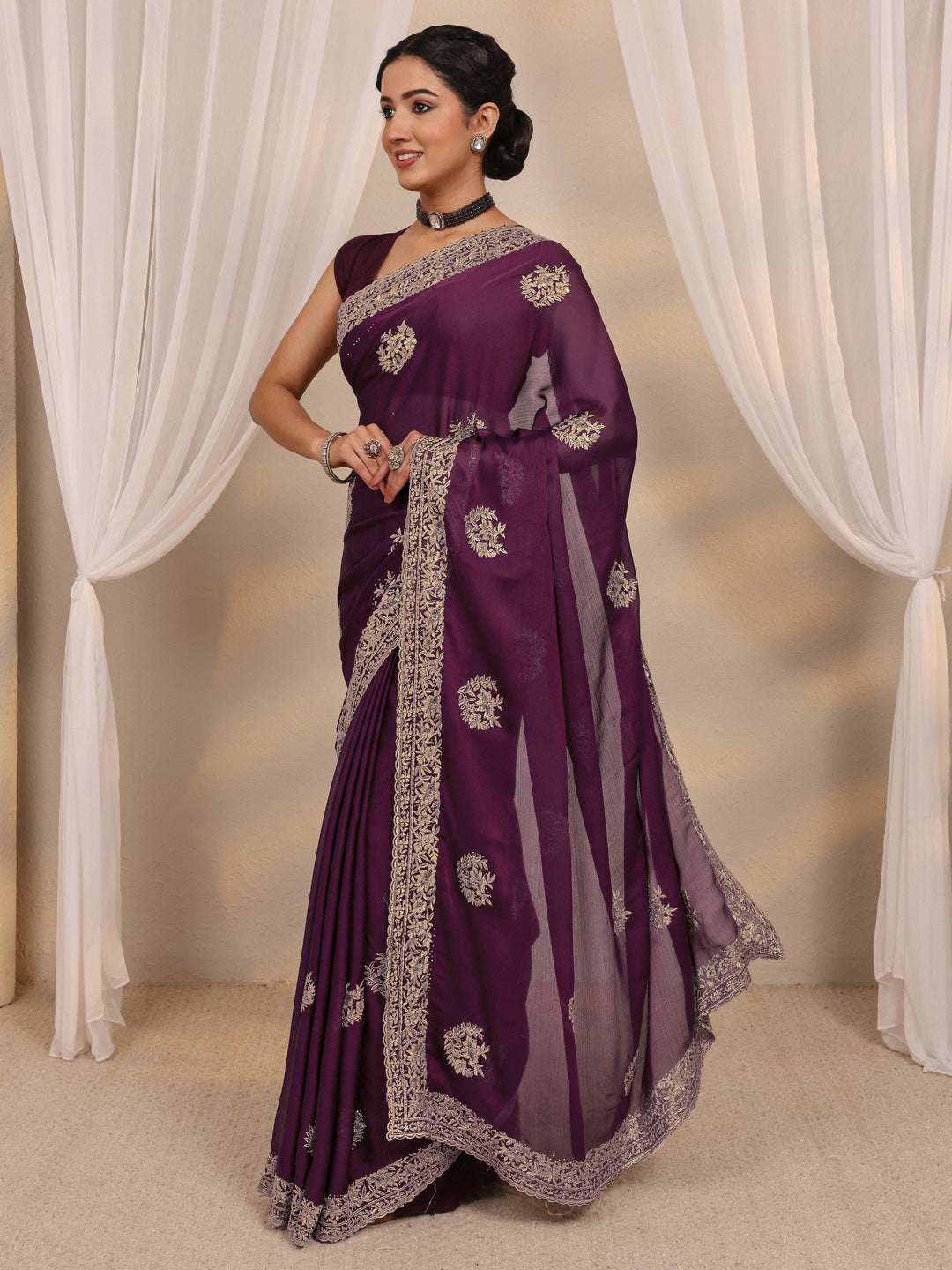 Wine Floral Embellished Satin Saree With Unstitched Blouse Piece