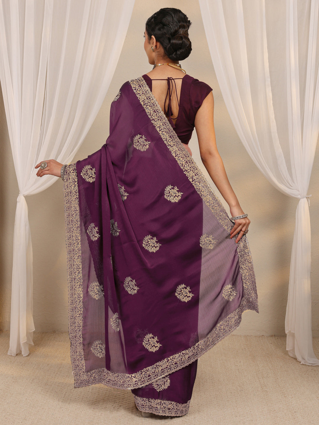 Wine Floral Embellished Satin Saree With Unstitched Blouse Piece