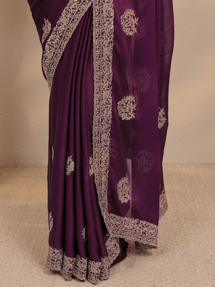 Wine Floral Embellished Satin Saree With Unstitched Blouse Piece