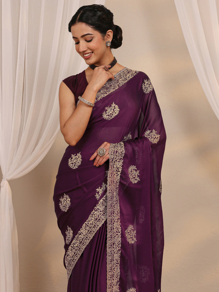 Wine Floral Embellished Satin Saree With Unstitched Blouse Piece