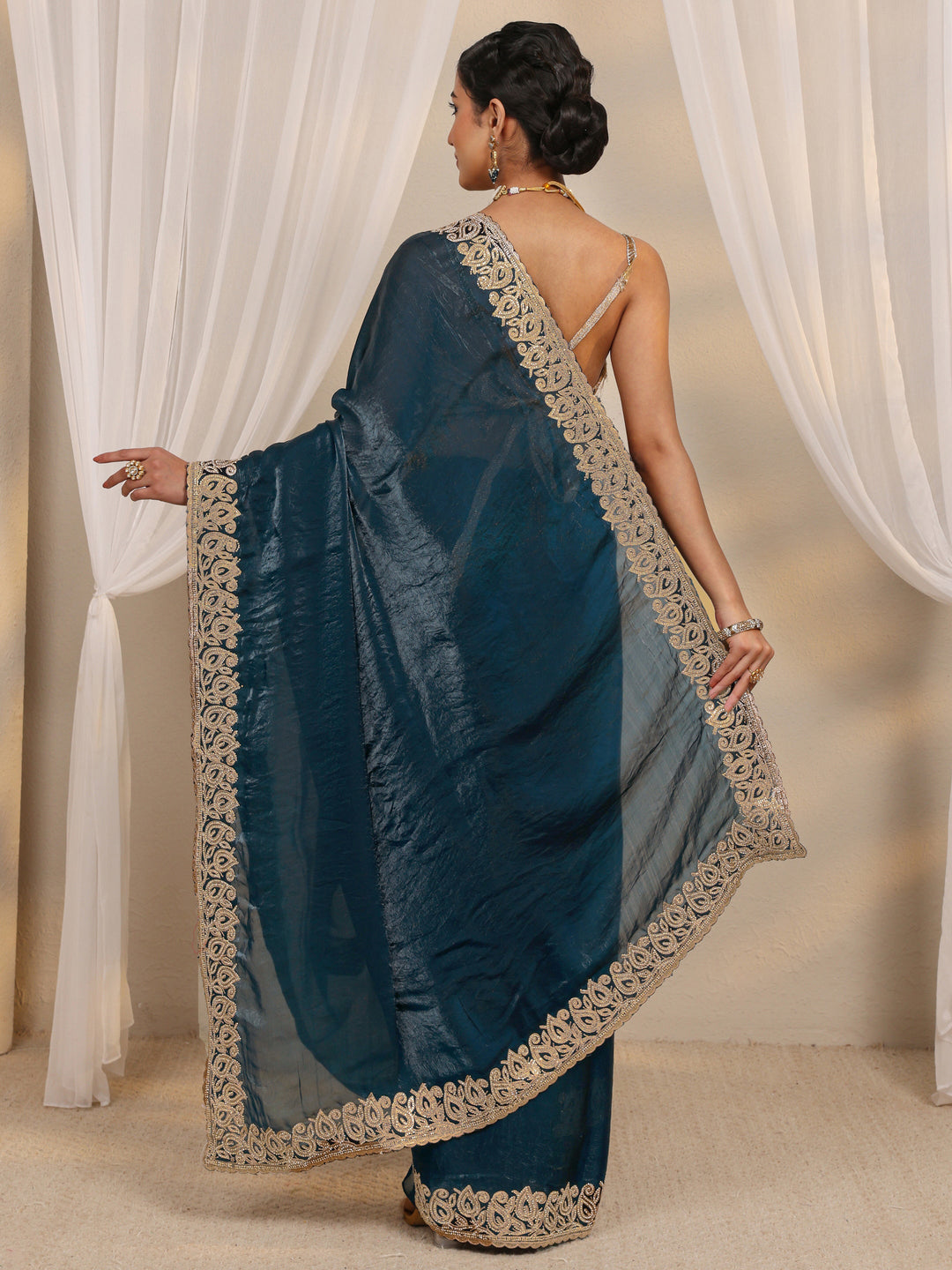 Teal Embellished Tissue Saree With Unstitched Blouse Piece