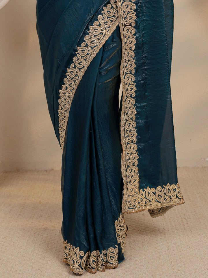 Teal Embellished Tissue Saree With Unstitched Blouse Piece