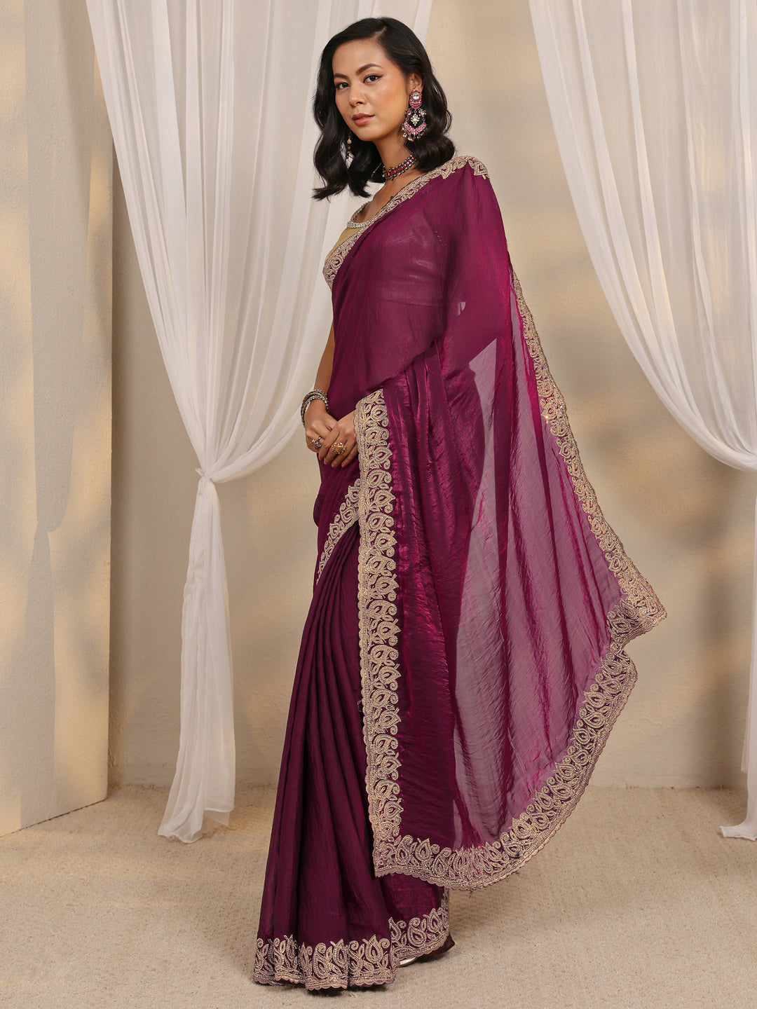 Wine Embellished Tissue Saree With Unstitched Blouse Piece