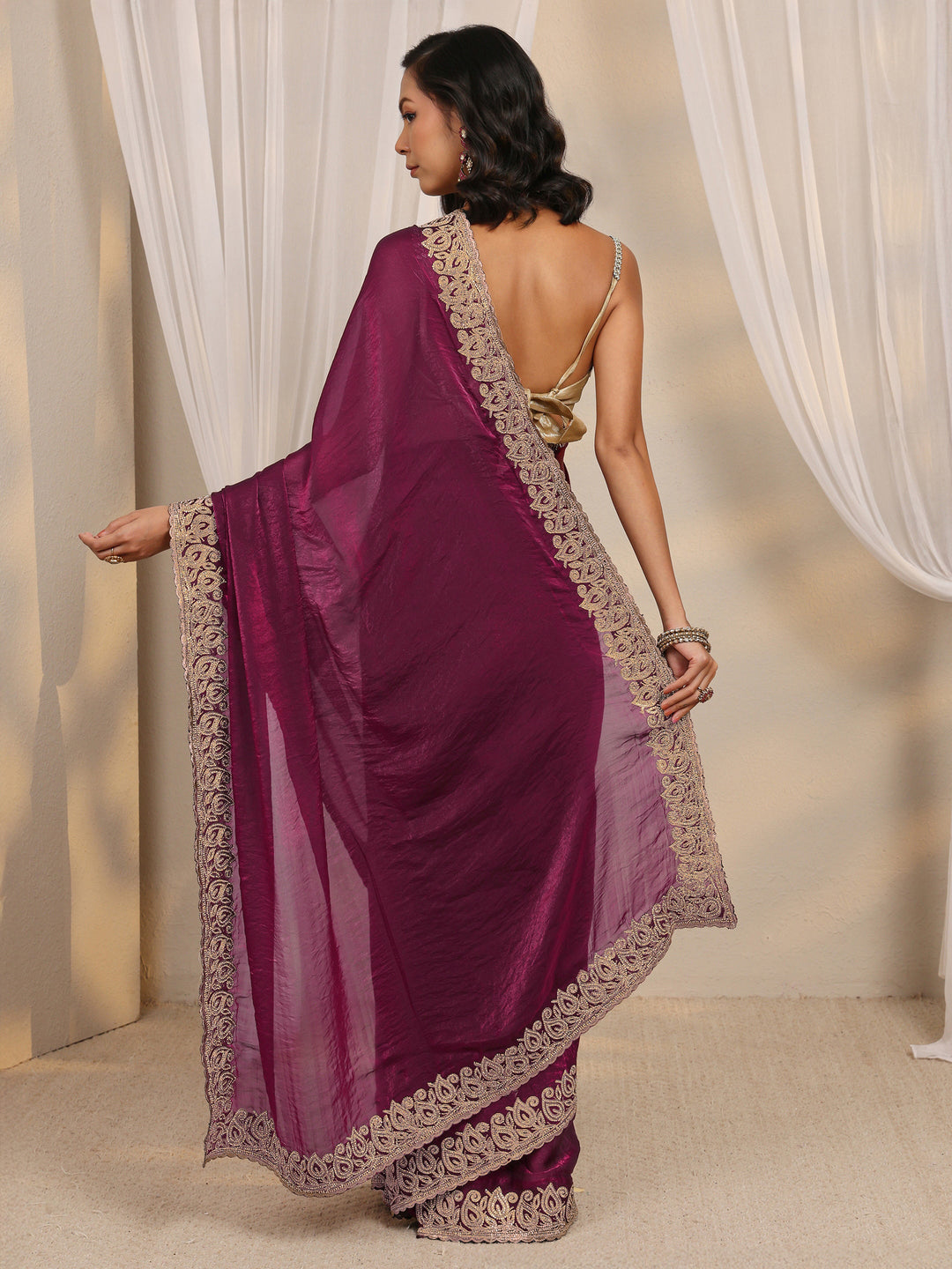Wine Embellished Tissue Saree With Unstitched Blouse Piece