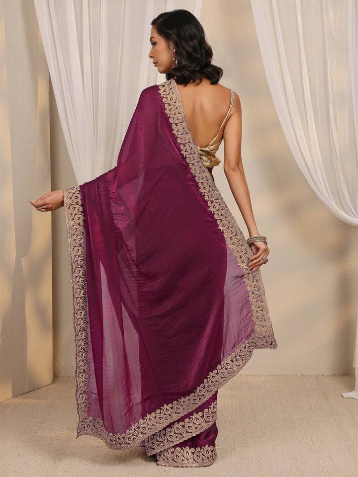 Wine Embellished Tissue Saree With Unstitched Blouse Piece