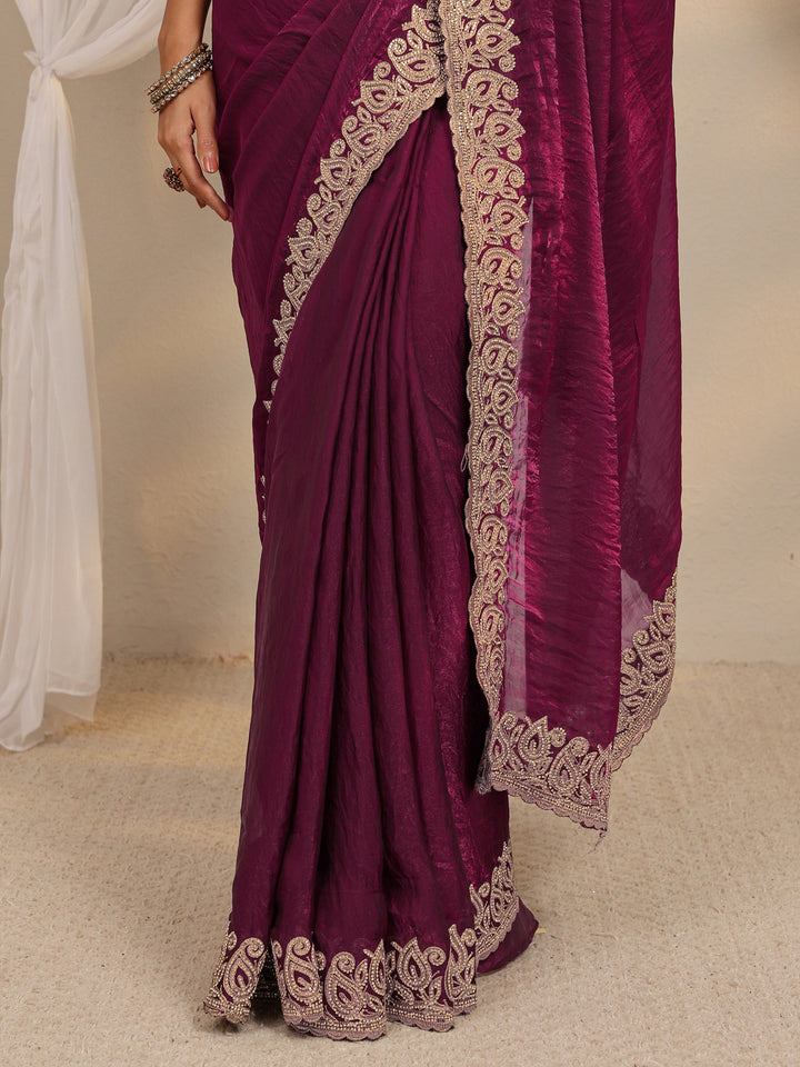 Wine Embellished Tissue Saree With Unstitched Blouse Piece