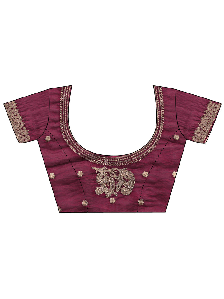 Wine Embellished Tissue Saree With Unstitched Blouse Piece