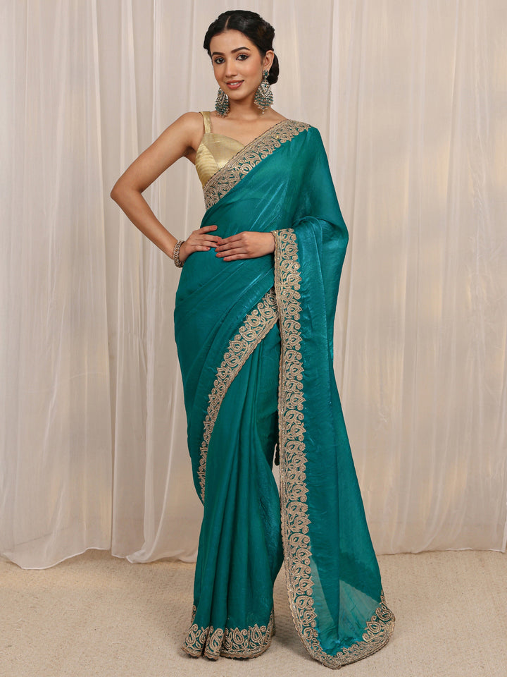 Blue Embellished Tissue Saree With Unstitched Blouse Piece