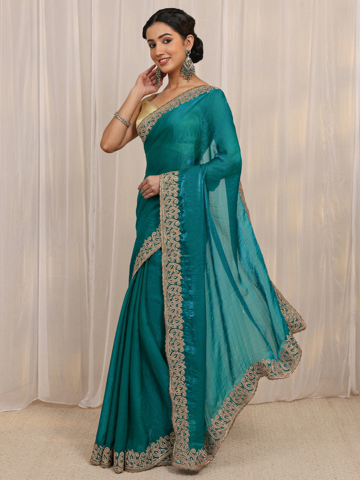 Blue Embellished Tissue Saree With Unstitched Blouse Piece