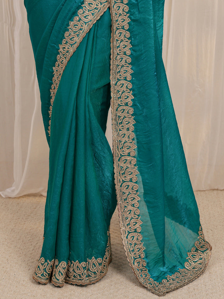 Blue Embellished Tissue Saree With Unstitched Blouse Piece