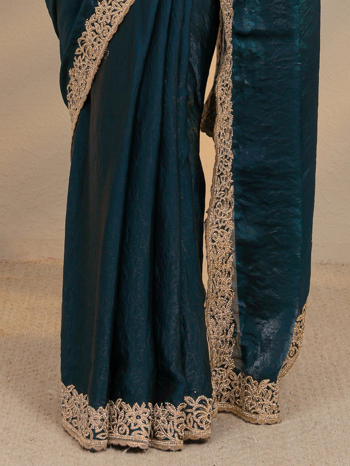 Teal Embellished Tissue Saree With Unstitched Blouse Piece