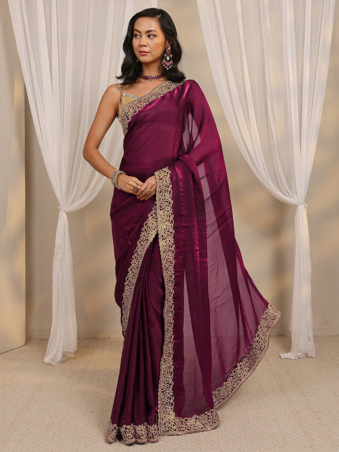 Wine Embellished Tissue Saree With Unstitched Blouse Piece