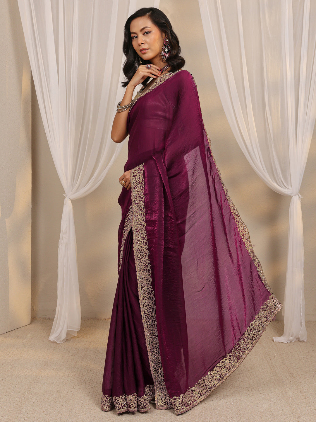 Wine Embellished Tissue Saree With Unstitched Blouse Piece