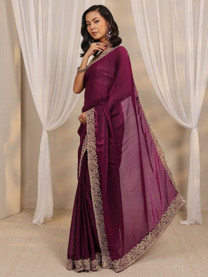 Wine Embellished Tissue Saree With Unstitched Blouse Piece