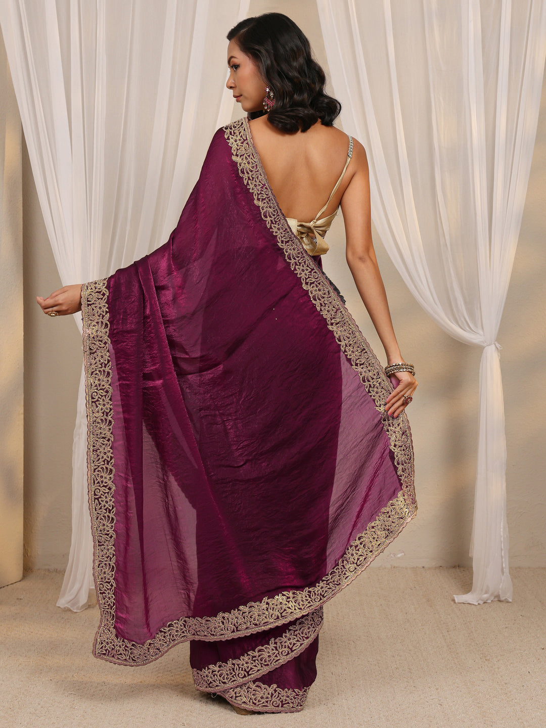 Wine Embellished Tissue Saree With Unstitched Blouse Piece