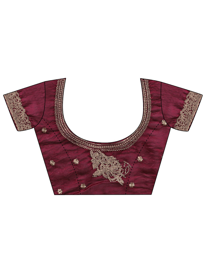 Wine Embellished Tissue Saree With Unstitched Blouse Piece
