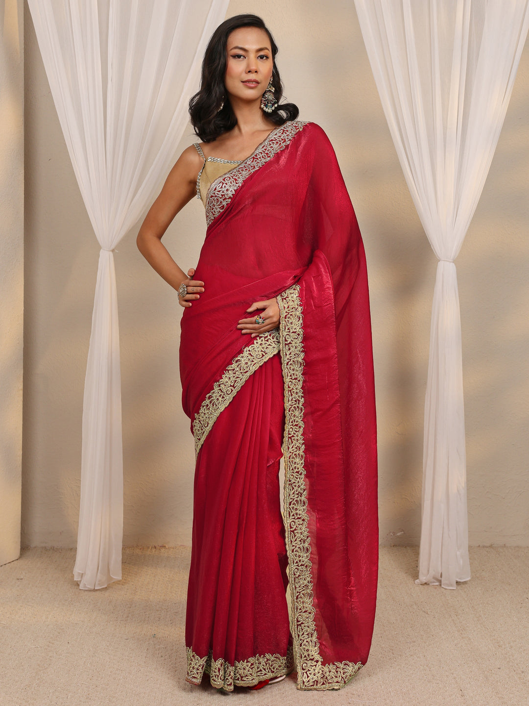 Red Embellished Tissue Saree With Unstitched Blouse Piece