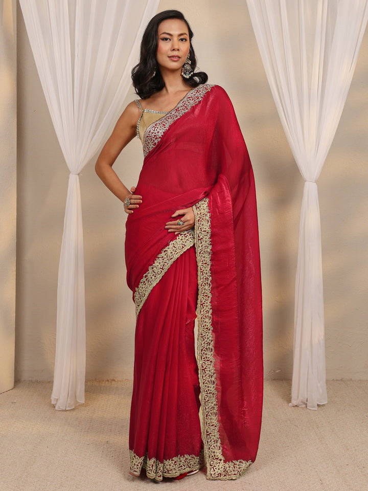 Red Embellished Tissue Saree With Unstitched Blouse Piece