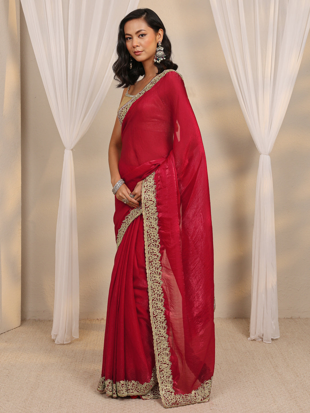 Red Embellished Tissue Saree With Unstitched Blouse Piece