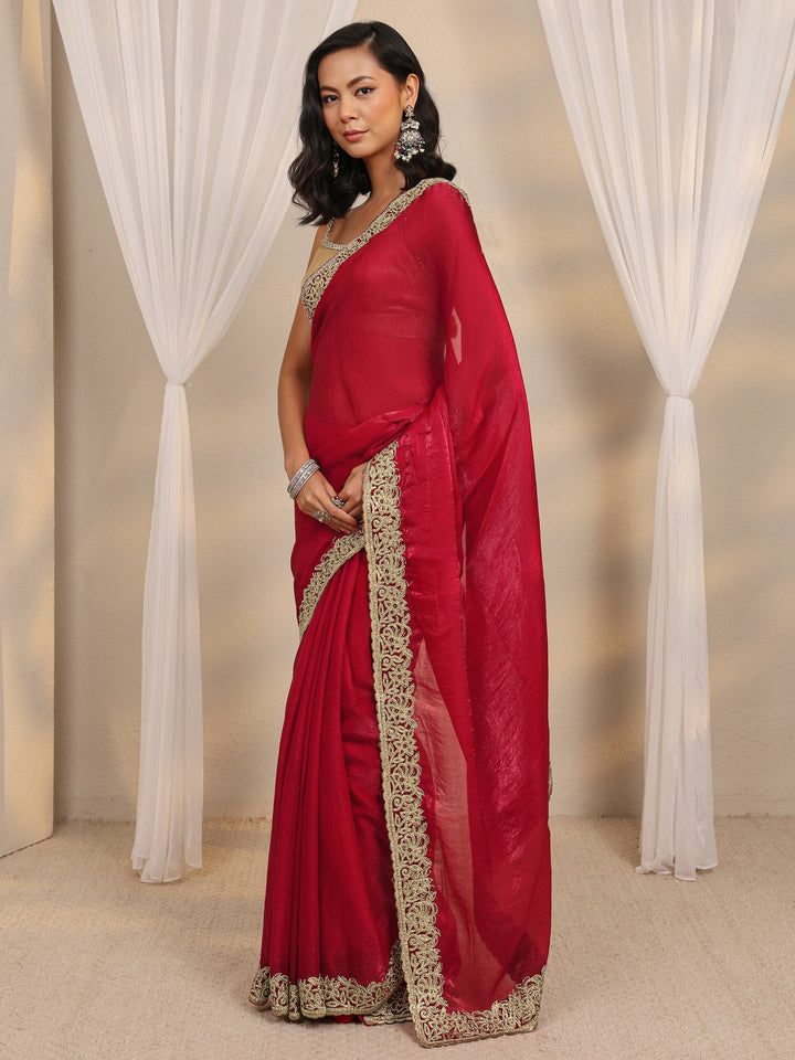 Red Embellished Tissue Saree With Unstitched Blouse Piece
