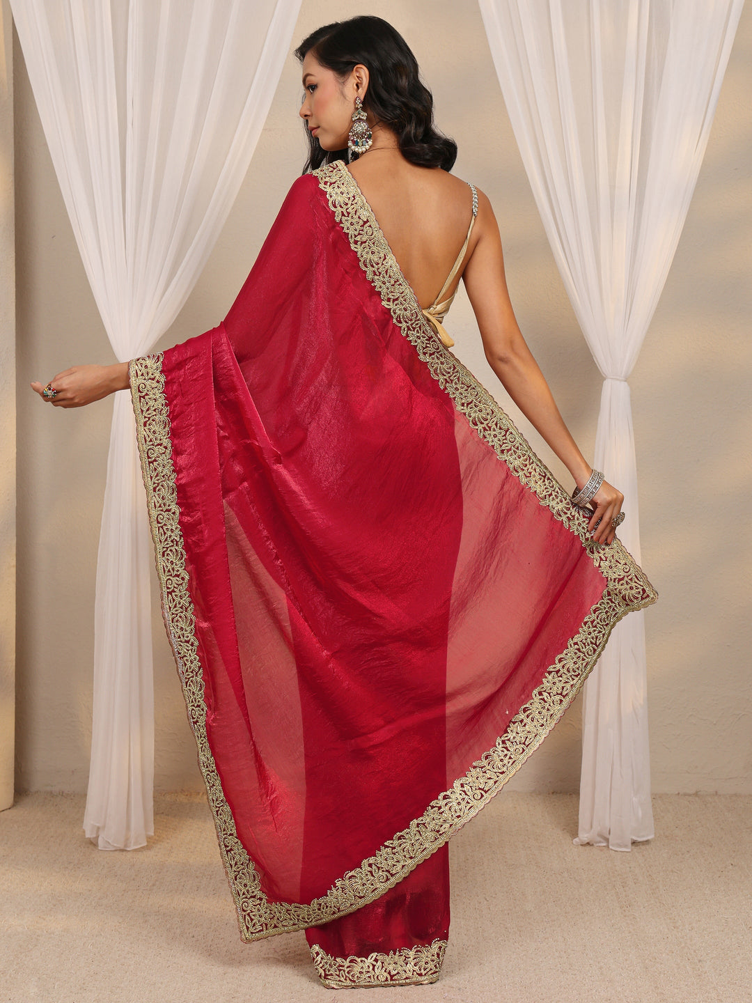 Red Embellished Tissue Saree With Unstitched Blouse Piece