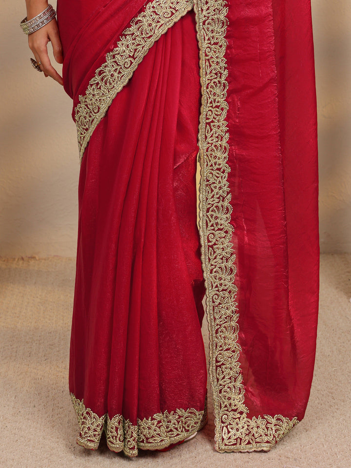 Red Embellished Tissue Saree With Unstitched Blouse Piece