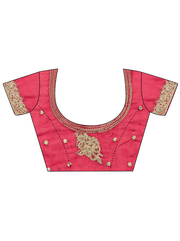 Red Embellished Tissue Saree With Unstitched Blouse Piece