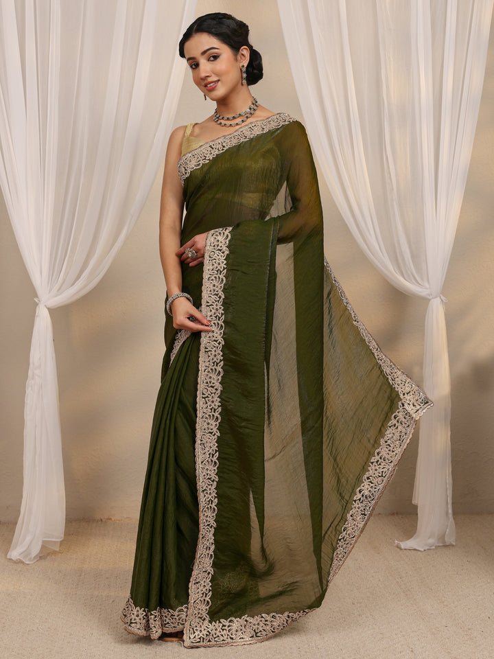 Green Embellished Tissue Saree With Unstitched Blouse Piece